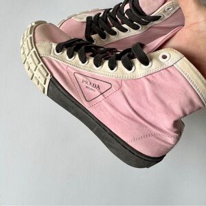 PRADA Canvas Colorblock Pattern Wedge Sneakers in Pink